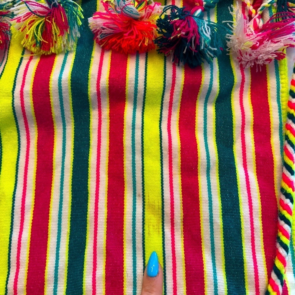 Colorful Striped Knit Bag w/ Poofs - Picture 4 of 4